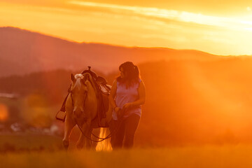 Horse and equestrian team: A young woman and her palomino caballo deporte espanol horse during sundown in summer outdoors