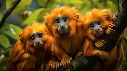 A group of enchanting golden lion tamarins perched in the jungle canopy, their vivid orange fur and expressive faces capturing the essence of the rainforest.
