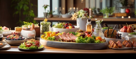 Luxurious hotel restaurant with a variety of fresh food including fruits pastries and cooked meals on a table Breakfast setting with copyspace for text
