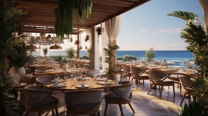 A lavish restaurant with a Mediterranean-inspired decor, offering guests a refined dining experience with an unspoiled sea backdrop.