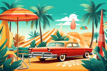Foto op Canvas Travel, vacation and leisure concept. Retro vintage minimalist travel colorful illustration with beach and palm trees. Pop- art vintage style. Generative AI © Rytis