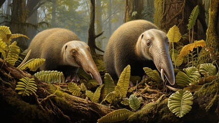 A pair of curious anteaters foraging for ants in the jungle undergrowth, their long tongues and distinctive snouts a marvel of adaptation.
