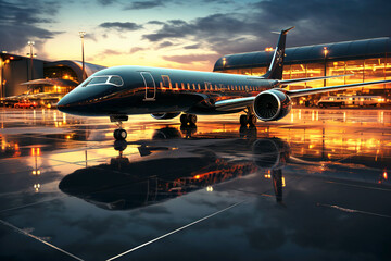 Fototapeta na wymiar private black airplane business jet at airport at sunset