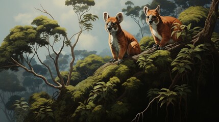 A pair of enchanting tree kangaroos navigating the jungle trees, their unique adaptations allowing them to thrive in the treetops.