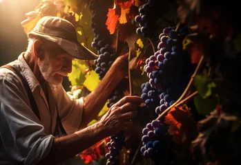 Poster Senior Winemaker with wine grapes in hands, harvesting on the vineyard during a sunny evening. Quality Wine Production Concept. © Uros