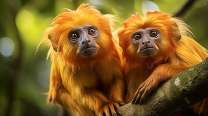 A pair of striking golden lion tamarins perched in the jungle canopy, their vivid orange fur and expressive faces capturing the essence of the jungle.