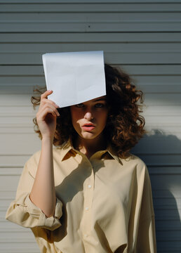 Social message Mockup. Young woman holding blank poster with Copy Space. 