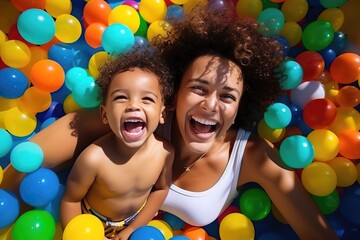 laughing child boy and mother having fun together in ball pit on birthday party in kids amusement park and indoor play center, laughing, playing with colorful balls in playground ball pool. - obrazy, fototapety, plakaty
