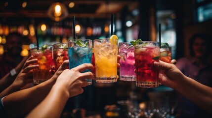 Friends toast with colorful cocktails in hand