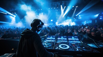 Fototapeta na wymiar DJ hypes up crowd with electrifying beats