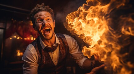 Fire-eater. Daring performer spitting flames with ease - obrazy, fototapety, plakaty