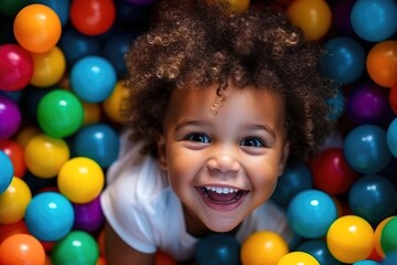  laughing child boy having fun in ball pit on birthday party in kids amusement park and indoor play center, laughing, playing with colorful balls in playground ball pool. - obrazy, fototapety, plakaty
