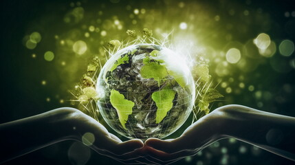 Conceptual image of human hands holding Earth planet.