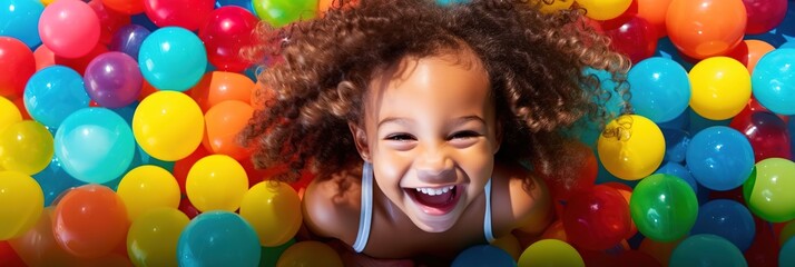 Banner laughing child girl having fun in ball pit on birthday party in kids amusement park and indoor play center, laughing, playing with colorful balls in playground ball pool. - obrazy, fototapety, plakaty