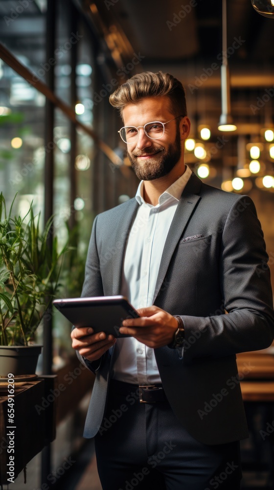 Poster man with tablet and growth chart in background
