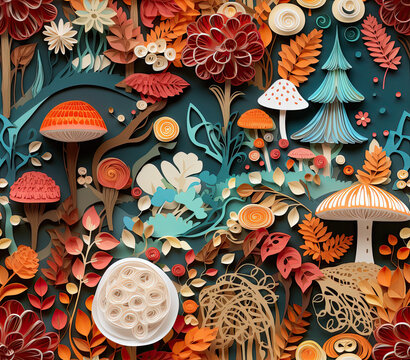 3D paper art, whimsical paper art, 3D fall aesthetic, Forest fantasy, Mushrooms, Fall Paper, Multi - dimensional paper kirigami craft. Generative AI. 