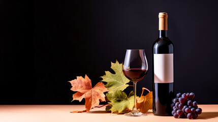 Bottle of red wine with ripe grapes and vine leaves on black background. Copy space. Frontal view.