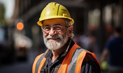 Portrait of smiling worker mature man in helmet. Male engineer wearing safety vest and hard hat standing in manufacturing or construction site. Positive emotion good job.