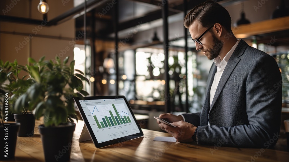 Poster man with tablet and growth chart in background