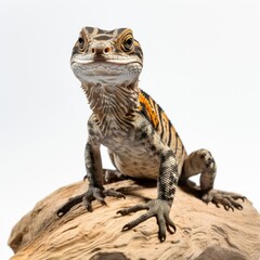 Lizard with striped pattern, perched on rock, gray scales, curious gaze, white backdrop