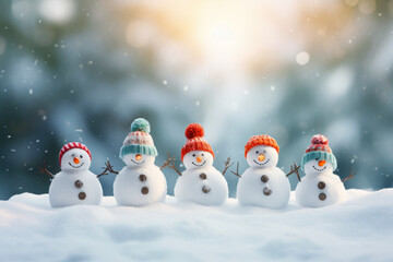 Christmas snowman greeting card, snowmen in a row