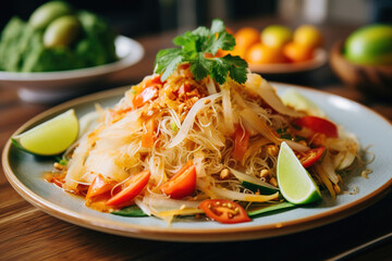 A mouthwatering plate of som tum thai, a classic Thai green papaya salad with a perfect balance of sweet, sour, and spicy flavors - obrazy, fototapety, plakaty