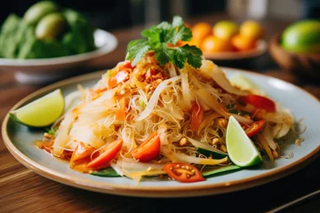 Poster A mouthwatering plate of som tum thai, a classic Thai green papaya salad with a perfect balance of sweet, sour, and spicy flavors © arhendrix