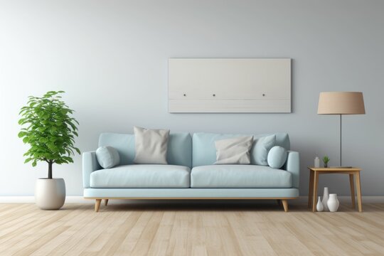 Minimalistic living room design with soft blue sofa, coordinating throw pillows, and a potted green tree, set against a light neutral wall. Wooden floor and contemporary side table with modern lamp ac