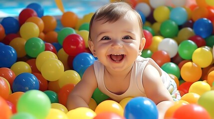Fototapeta na wymiar laughing child boy having fun in ball pit on birthday party in kids amusement park and indoor play center, laughing, playing with colorful balls in playground ball pool.