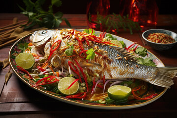 A colorful plate of pla nueng manao, showcasing steamed fish topped with a zesty lime and chili garlic sauce