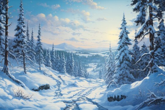 Matte painting illustration of a winter landscape winterscape with clear skys and mountainous backdrop snowy pine forest