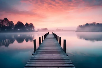 Fototapeten Sunset on the lake, bridge and fog, soft pastel colors, screensaver for your computer or phone desktop © shustrilka