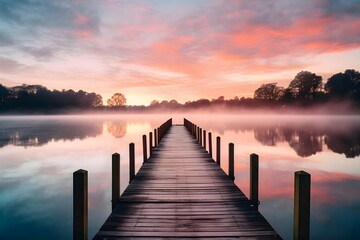 Sunset on the lake, bridge and fog, soft pastel colors, screensaver for your computer or phone desktop
