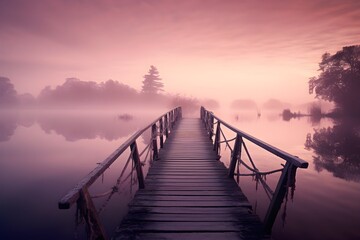 Fototapeta na wymiar Sunset on the lake, bridge and fog, soft pastel colors, screensaver for your computer or phone desktop