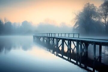 Sunset on the lake, bridge and fog, soft pastel colors, screensaver for your computer or phone...