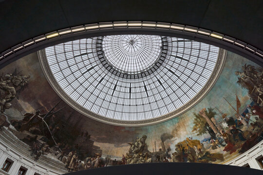Paris, France, September 15, 2023, the Bourse de Commerce - Pinault Collection, view of the central dome with painting of the ceiling of the bourse