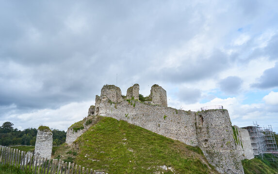 General shot view ruined castle d'Arques-la-Bataille, 12th-century with cloudy sky  