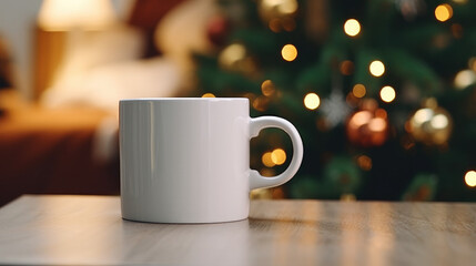 Holiday Product Showcase: Plain White Mug Mockup with Christmas Decoration Background