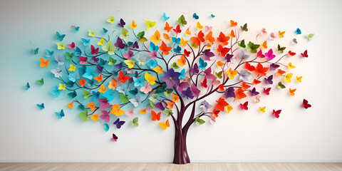 Abstract colorful background with butterflies stock, Beautiful tree with colorful butterflies as leaves simple style on white background generative ai
 - obrazy, fototapety, plakaty