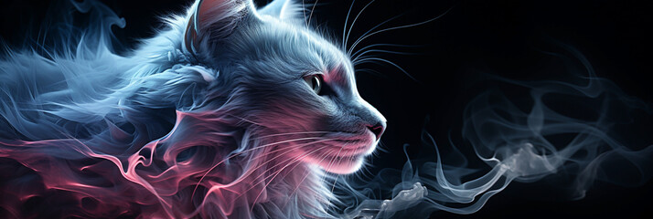A wide horizontal digital art banner image of a white cat face leading with white smoke in a black background 