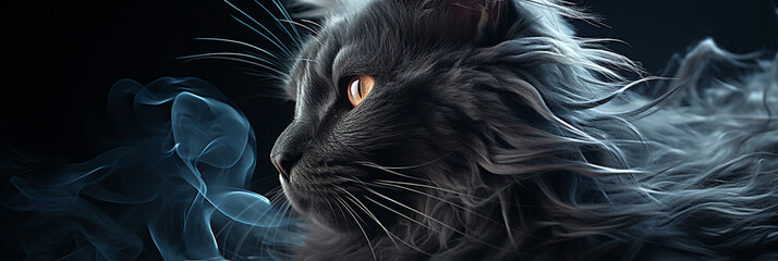 A wide horizontal digital art banner image of a cute black cat face coming out of white smoke in a dark background  - Powered by Adobe