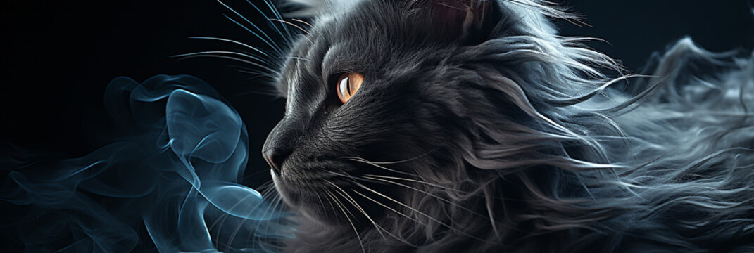 A wide horizontal digital art banner image of a cute black cat face coming out of white smoke in a dark background 