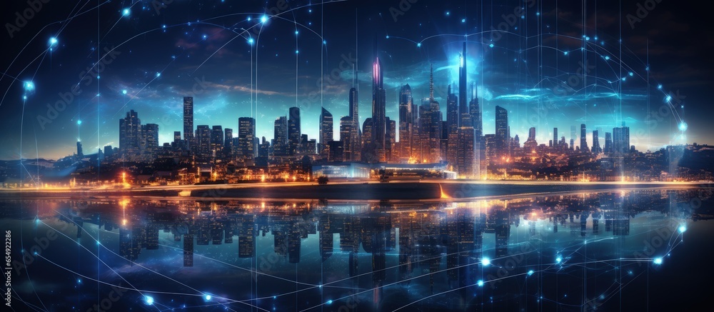 Poster smart city and iot concept embraced by ict with copyspace for text