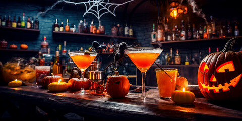 Spooky cocktails on a table at night bar. Halloween cocktail and candles. Special spooky red autumn drink for party. halloween theme.  
