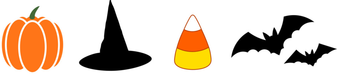Set of Halloween funny spooky symbols. Orange pumpkin, witch hat, flying bats and candy corn jelly. Happy Halloween. Trick or treat. Isolated on white background. Vector illustration.