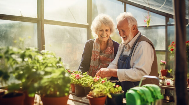 Generative AI, happy elderly man and woman working in the garden, greenhouse, hobby for the elderly, gardening, pots, flowers, plants, pensioners, old age, grandparents, vegetable garden, grandfather