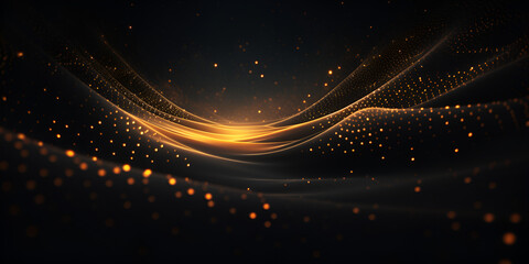 Fototapeta na wymiar Beautiful golden background featuring glossy golden wavy lines and many bokeh glimmering lights around it. Make some magical designs, Sparkling background, Abstract gold glitters, GENERATIVE AI