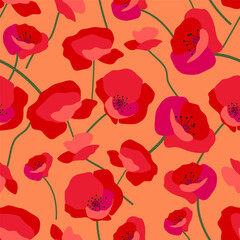 bright seamless pattern consisting of red poppy flowers on green stems