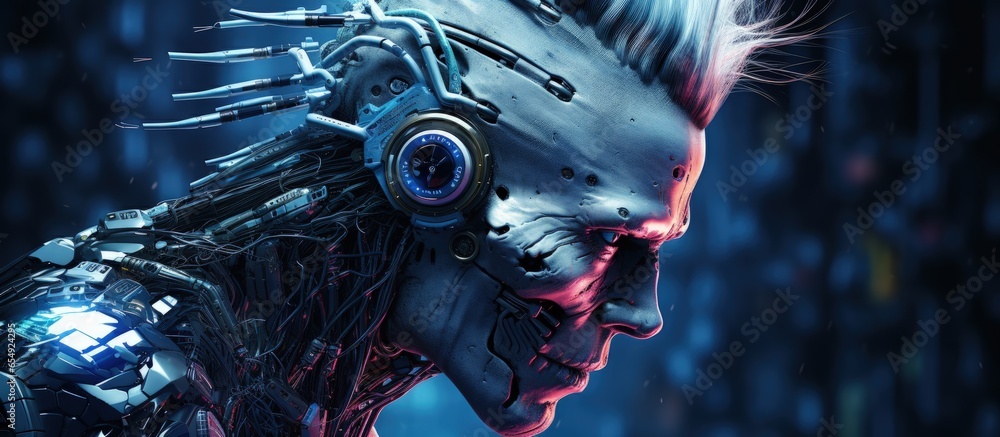 Poster sci fi cyborg criminal hacker with skull face and mohawk art with copyspace for text