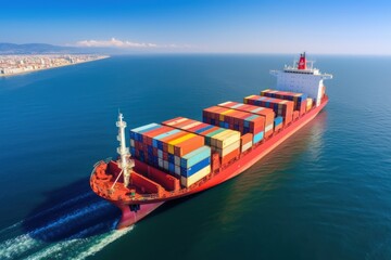 Aerial photo of a container ship at sunset. Sea freight is one of the most important engines of the...